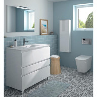 Ensemble meuble de salle de bain CAMPUS 90 cm, plan vasque céramique, profondeur 130 mm, miroir sur plan, béton vulcano, 3 tiroirs