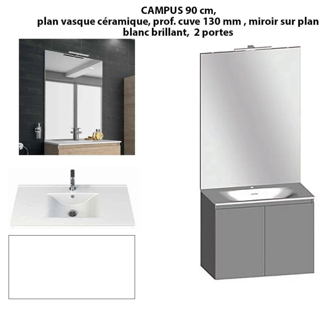 Ensemble meuble de salle de bain CAMPUS 90 cm, plan vasque céramique, profondeur 130 mm, miroir sur plan, blanc brillant, 2 portes