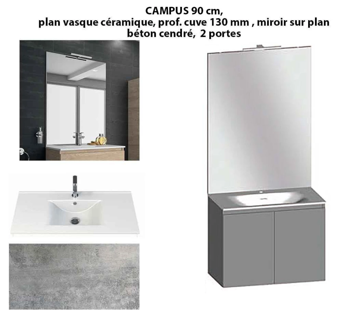 Ensemble meuble de salle de bain CAMPUS 90 cm, plan vasque céramique, profondeur 130 mm, miroir sur plan, béton cendré, 2 portes