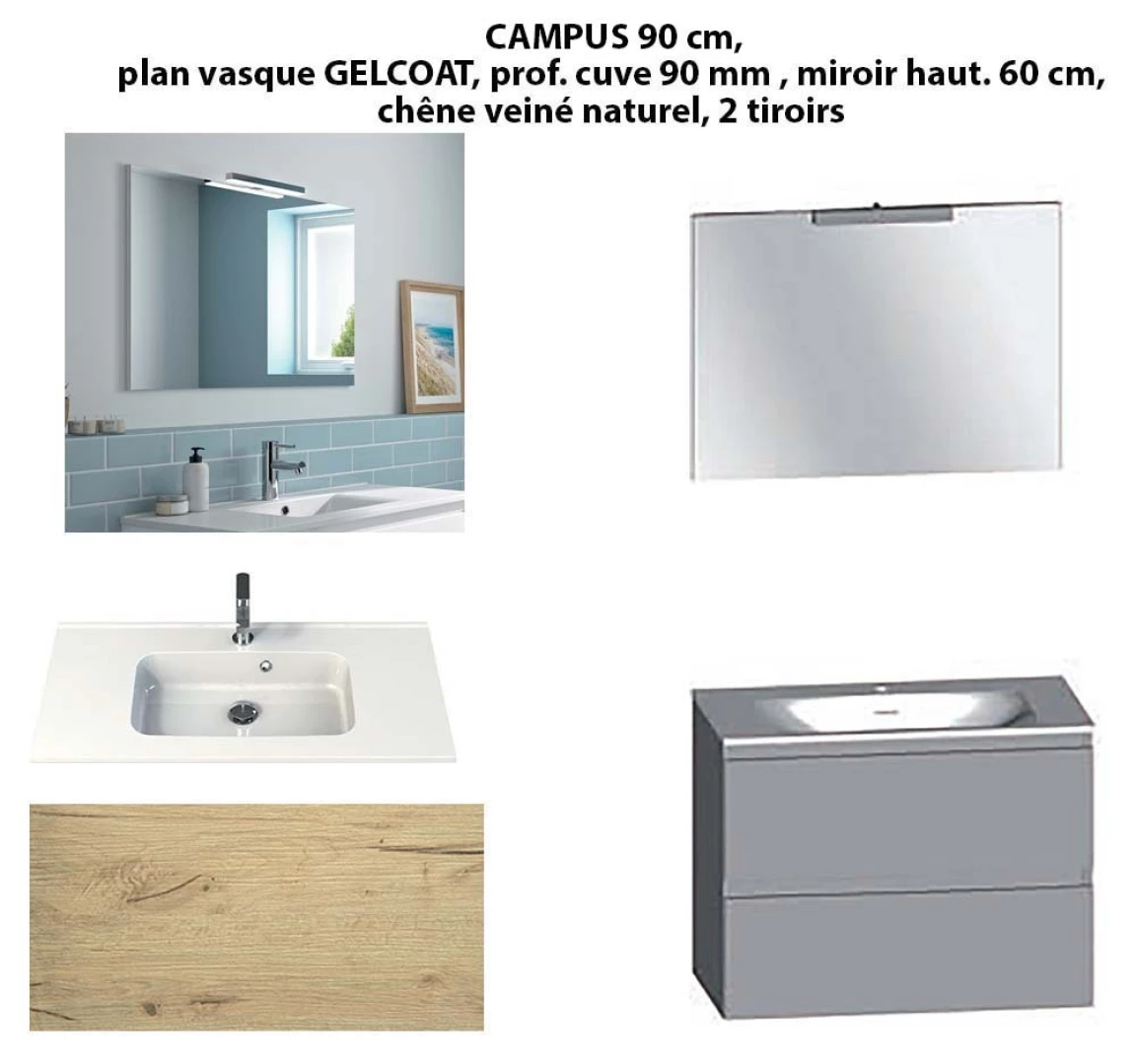 Ensemble meuble de salle de bain CAMPUS 90 cm, plan vasque GELCOAT, prof. cuve 90 mm, miroir hauteur 60 cm, chêne veiné naturel, 2 tiroirs