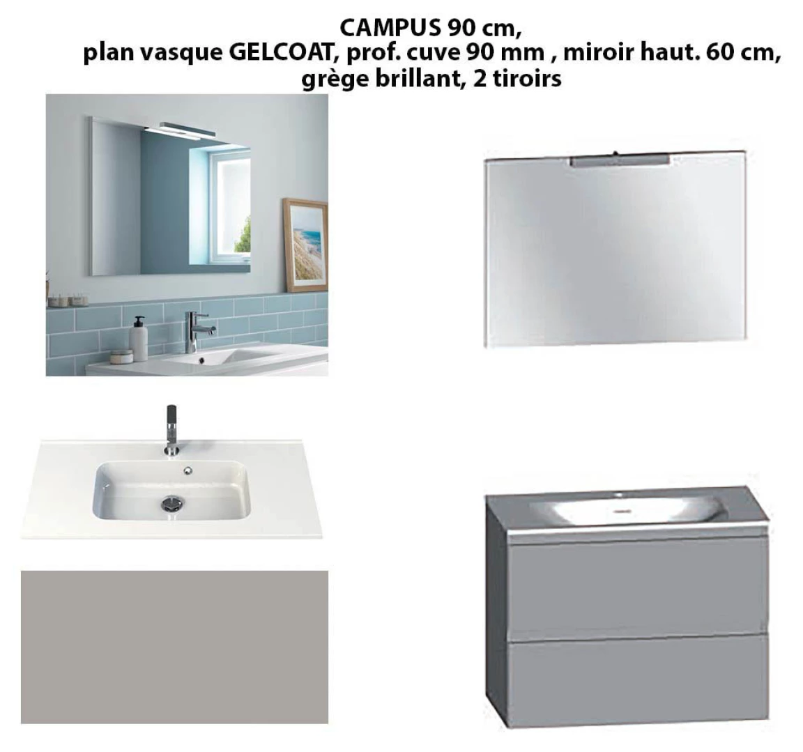 Ensemble meuble de salle de bain CAMPUS 90 cm, plan vasque GELCOAT, prof. cuve 90 mm, miroir hauteur 60 cm, grège brillant, 2 tiroirs