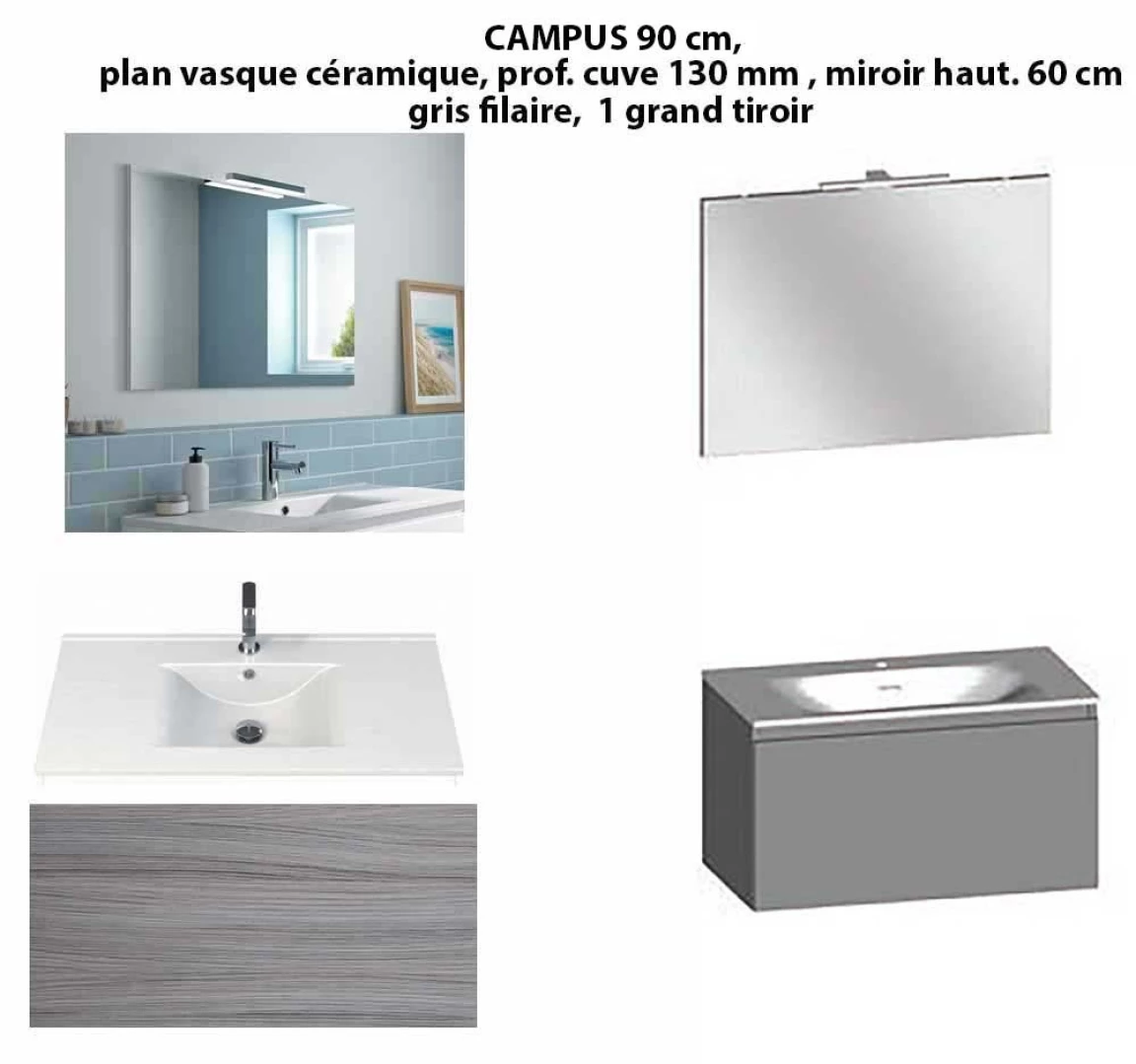 Ensemble meuble de salle de bain CAMPUS 90 cm, plan vasque céramique, profondeur 130 mm, miroir hauteur 60 cm, gris filaire, 1 grand tiroir