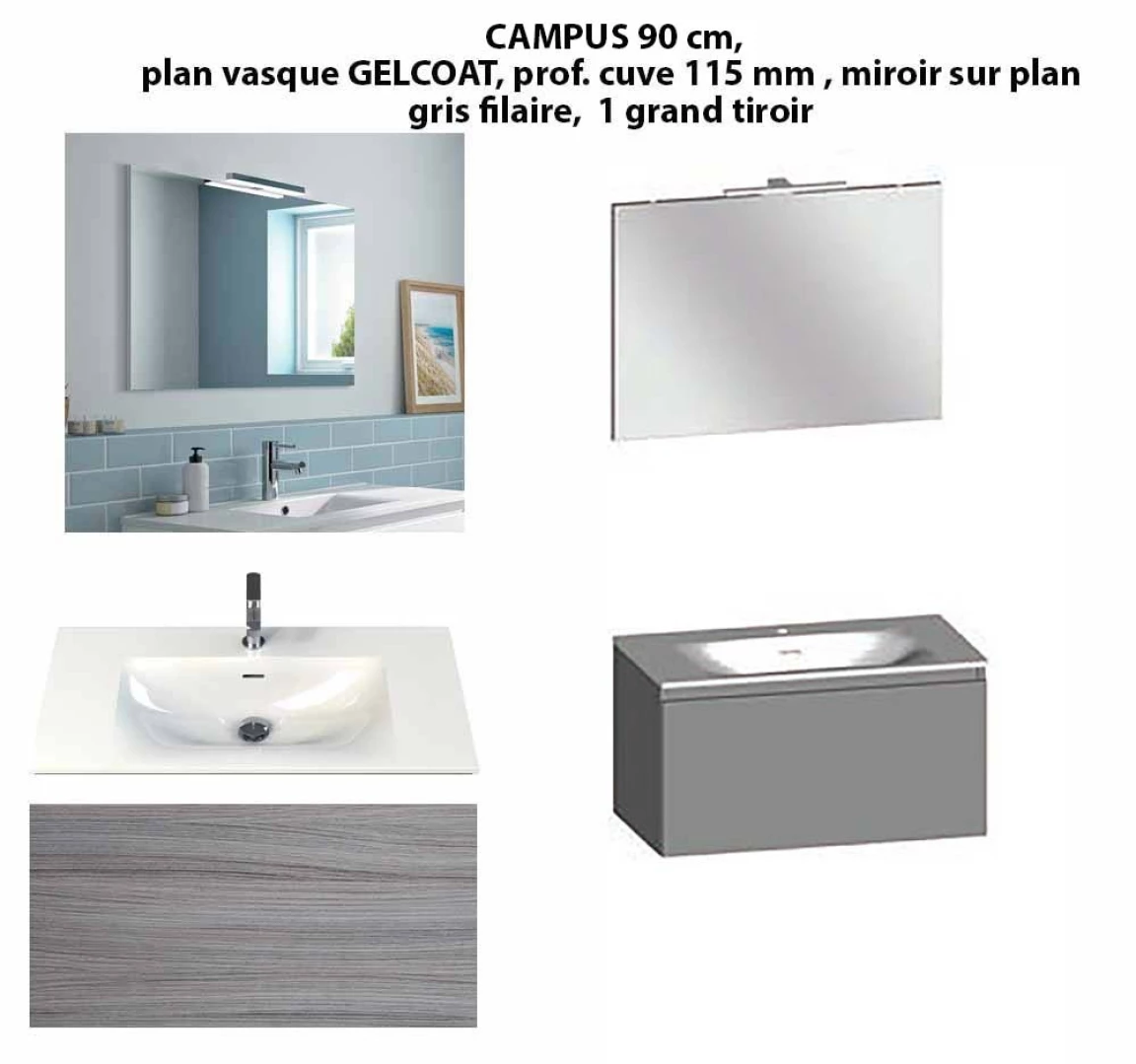 Ensemble meuble de salle de bain CAMPUS 90 cm, plan vasque GELCOAT, prof. cuve 115 mm, miroir hauteur 60 cm, gris filaire, 1 grand tiroir