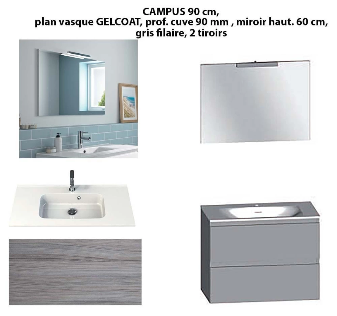 Ensemble meuble de salle de bain CAMPUS 90 cm, plan vasque GELCOAT, prof. cuve 90 mm, miroir hauteur 60 cm, gris filaire, 2 tiroirs