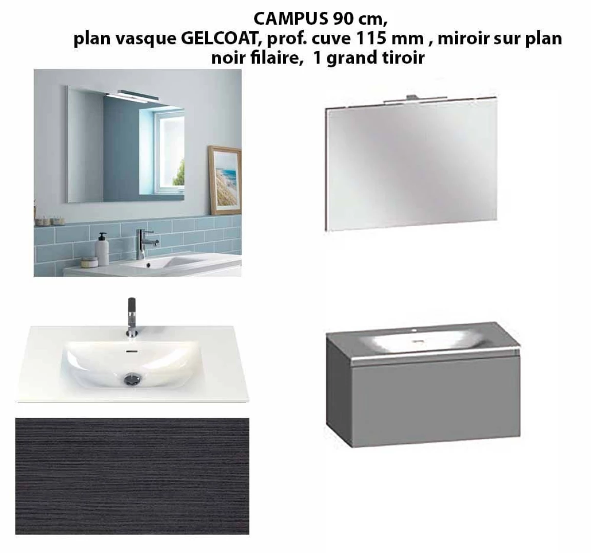 Ensemble meuble de salle de bain CAMPUS 90 cm, plan vasque GELCOAT, prof. cuve 115 mm, miroir hauteur 60 cm, noir filaire, 1 grand tiroir