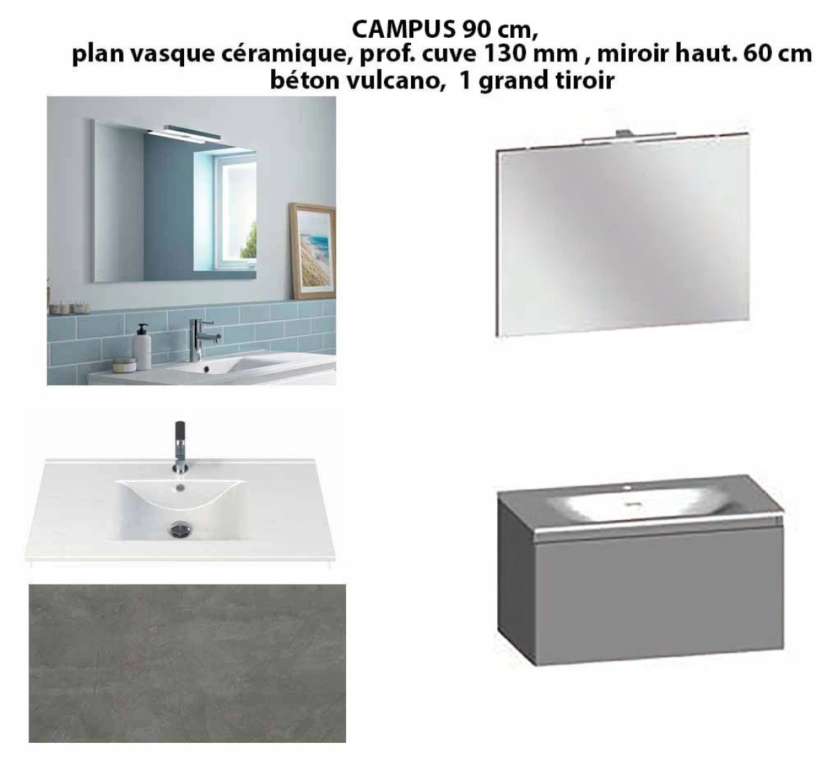 Ensemble meuble de salle de bain CAMPUS 90 cm, plan vasque céramique, profondeur 130 mm, miroir hauteur 60 cm, béton vulcano, 1 grand tiroir
