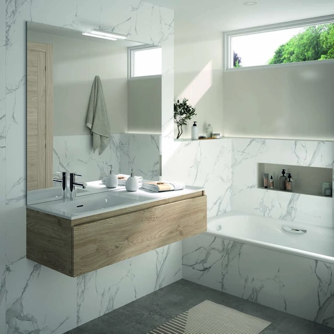 Ensemble meuble de salle de bain CAMPUS 90 cm, plan vasque céramique, profondeur 130 mm, miroir sur plan, gris filaire, 1 grand tiroir