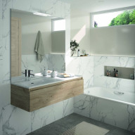 Ensemble meuble de salle de bain CAMPUS 80 cm, plan vasque céramique, prof. 130 mm, miroir hauteur 60 cm, chêne veiné milano, 1 grand tiroir