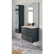 Ensemble meuble de salle de bain Campus 120 cm, plan double vasque GELCOAT profondeur 122 mm brillant, miroir sur plan, basalte brillant, 2 tiroirs