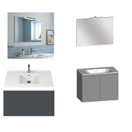 Ensemble meuble de salle de bain Campus 100 cm, plan vasque céramique profondeur 130 mm, miroir hauteur 60 cm, basalte brillant, 2 portes