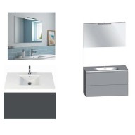 Ensemble meuble de salle de bain Campus 120 cm, plan double vasque céramique profondeur 130 mm, miroir hauteur 60 cm, basalte brillant, 2 tiroirs