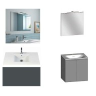Ensemble meuble de salle de bain Campus 60 cm, plan vasque céramique profondeur 130 mm, miroir hauteur 60 cm, basalte brillant, 2 portes