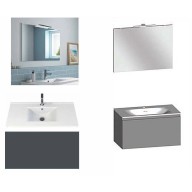Ensemble meuble de salle de bain Campus 120 cm, plan double vasque céramique profondeur 130 mm, miroir hauteur 60 cm, basalte brillant, 1 grand tiroir