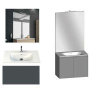 Ensemble meuble de salle de bain Campus 100 cm, plan vasque céramique profondeur 130 mm, miroir sur plan, basalte brillant, 2 portes