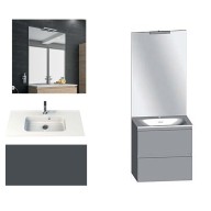 Ensemble meuble de salle de bain Campus 60 cm, plan vasque céramique profondeur 130 mm, miroir sur plan, basalte brillant, 2 tiroirs