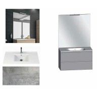 Ensemble meuble de salle de bain Campus 120 cm, plan double vasque céramique profondeur 130 mm, miroir sur plan, béton, 2 tiroirs