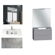Ensemble meuble de salle de bain Campus 120 cm, plan double vasque GELCOAT profondeur 122 mm brillant, miroir sur plan, béton, 2 tiroirs