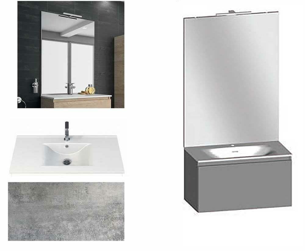 Ensemble meuble de salle de bain Campus 60 cm, plan vasque céramique profondeur 130 mm, miroir sur plan, béton, 1 grand tiroir