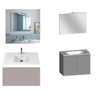 Ensemble meuble de salle de bain Campus 100 cm, plan vasque céramique profondeur 130 mm, miroir hauteur 60 cm, grège brillant, 2 portes