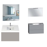 Ensemble meuble de salle de bain Campus 120 cm, plan double vasque céramique profondeur 130 mm, miroir hauteur 60 cm, grège brillant, 2 tiroirs