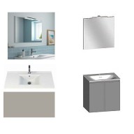 Ensemble meuble de salle de bain Campus 60 cm, plan vasque céramique profondeur 130 mm, miroir hauteur 60 cm, grège brillant, 2 portes
