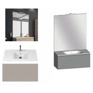 Ensemble meuble de salle de bain Campus 120 cm, plan double vasque céramique profondeur 130 mm, miroir sur plan, grège brillant, 1 grand tiroir