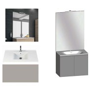 Ensemble meuble de salle de bain Campus 100 cm, plan vasque céramique profondeur 130 mm, miroir sur plan, grège brillant, 2 portes