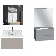 Ensemble meuble de salle de bain Campus 120 cm, plan double vasque céramique profondeur 130 mm, miroir sur plan, grège brillant, 2 tiroirs