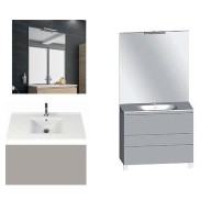 Ensemble meuble de salle de bain Campus 120 cm, plan double vasque céramique profondeur 130 mm, miroir sur plan, grège brillant, 3 tiroirs