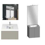Ensemble meuble de salle de bain Campus 60 cm, plan vasque céramique profondeur 130 mm, miroir sur plan, grège brillant, 2 portes