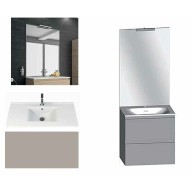 Ensemble meuble de salle de bain Campus 60 cm, plan vasque céramique profondeur 130 mm, miroir sur plan, grège brillant, 2 tiroirs