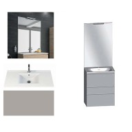 Ensemble meuble de salle de bain Campus 60 cm, plan vasque céramique profondeur 130 mm, miroir sur plan, grège brillant, 3 tiroirs