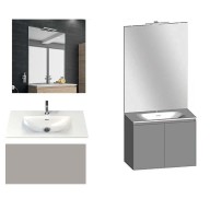 Ensemble meuble de salle de bain Campus 100 cm, plan vasque GELCOAT profondeur 122 mm, miroir sur plan, grège brillant, 2 portes
