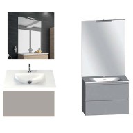 Ensemble meuble de salle de bain Campus 120 cm, plan double vasque GELCOAT profondeur 122 mm brillant, miroir sur plan, grège brillant, 2 tiroirs