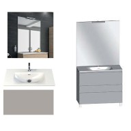 Ensemble meuble de salle de bain Campus 120 cm, plan double vasque GELCOAT profondeur 122 mm brillant, miroir sur plan, grège brillant, 3 tiroirs