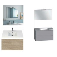 Ensemble meuble de salle de bain Campus 120 cm, plan double vasque céramique profondeur 130 mm, miroir hauteur 60 cm, chêne san remo, 2 tiroirs