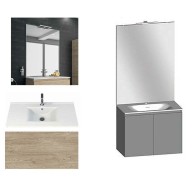 Ensemble meuble de salle de bain Campus 100 cm, plan vasque céramique profondeur 130 mm, miroir sur plan, chêne san remo, 2 portes