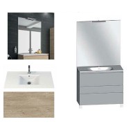 Ensemble meuble de salle de bain Campus 120 cm, plan double vasque céramique profondeur 130 mm, miroir sur plan, chêne san remo, 3 tiroirs