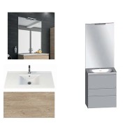 Ensemble meuble de salle de bain Campus 60 cm, plan vasque céramique profondeur 130 mm, miroir sur plan, chêne san remo, 3 tiroirs