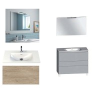 Ensemble meuble de salle de bain Campus 120 cm, plan double vasque GELCOAT profondeur 122 mm brillant, miroir hauteur 60 cm, chêne san remo, 3 tiroirs