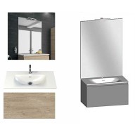 Ensemble meuble de salle de bain Campus 120 cm, plan double vasque GELCOAT profondeur 122 mm brillant, miroir sur plan, chêne san remo, 1 grand tiroir
