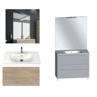 Ensemble meuble de salle de bain Campus 120 cm, plan double vasque GELCOAT profondeur 122 mm brillant, miroir sur plan, chêne san remo, 3 tiroirs