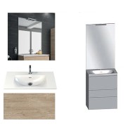 Ensemble meuble de salle de bain Campus 60 cm, plan vasque GELCOAT profondeur 122 mm , miroir sur plan, chêne san remo, 3 tiroirs