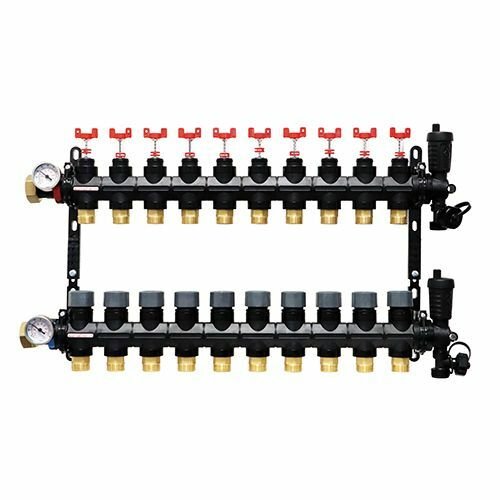 Collecteur 10 départs, polymère, monobloc, vannes droites incluses