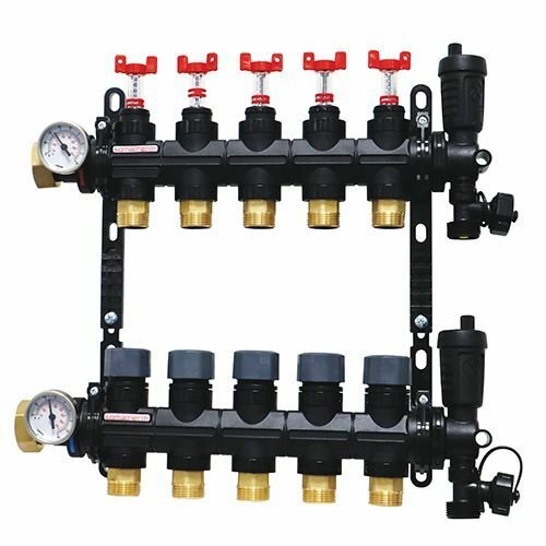 Collecteur 5 départs, polymère, monobloc, vannes droites incluses