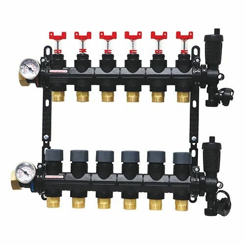 Collecteur 6 départs, polymère, monobloc, vannes droites incluses