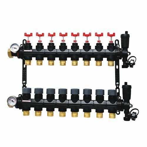 Collecteur 8 départs, polymère, monobloc, vannes droites incluses