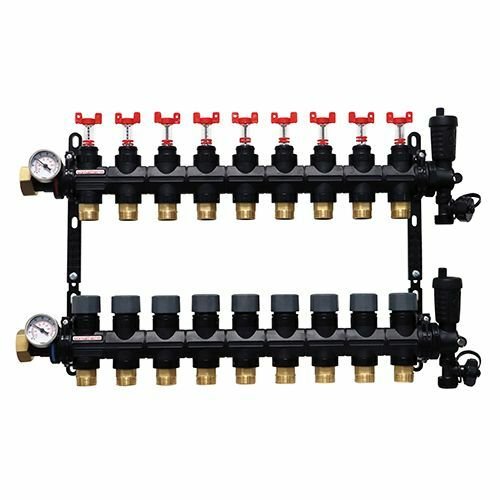 Collecteur 9 départs, polymère, monobloc, vannes droites incluses