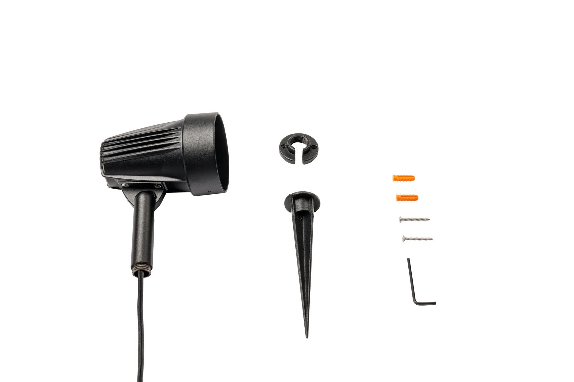 Projecteur LED extérieur noir avec câble, piquet de fixation au sol, bague de serrage, chevilles, vi