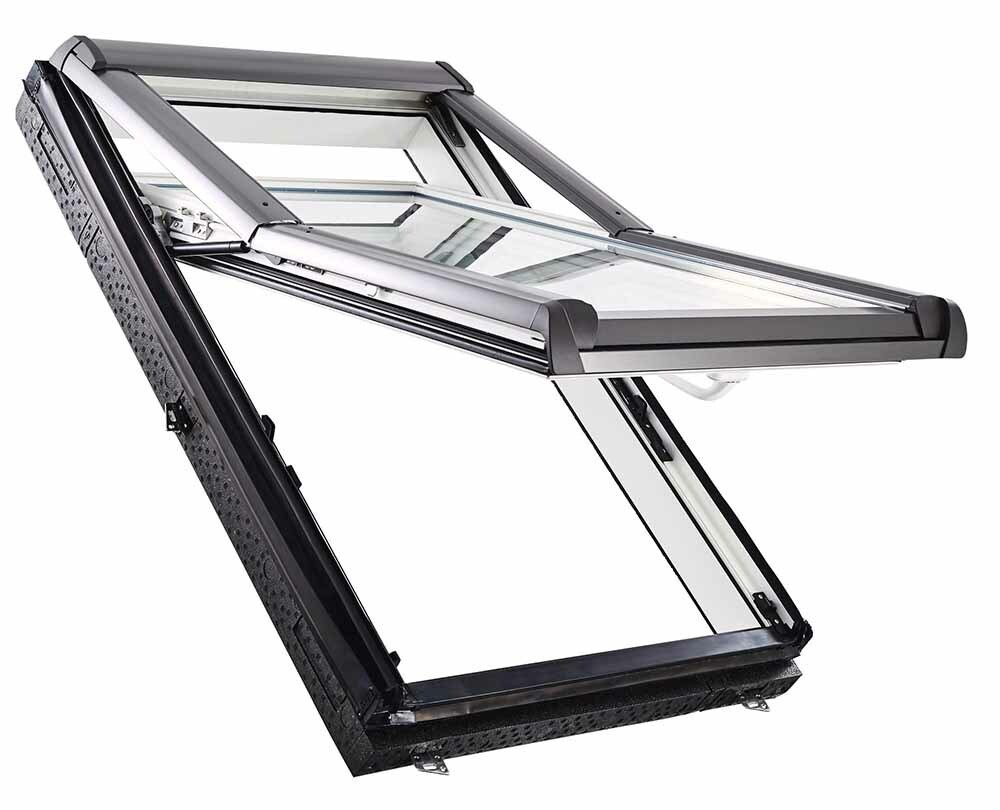 Fenêtre à projection réhaussée PVC, double vitrage PREMIUM, avec bloc isolant et ventilation intégrée - 134 cm x 140 cm